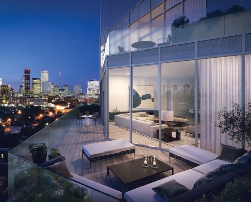 View in the evening of a large terrace at 346 Davenport Condos