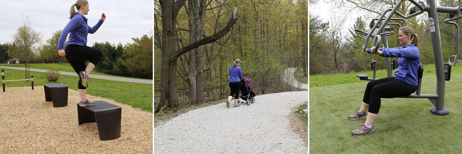 young mother exercises at various stations of the heart lake fitness trail