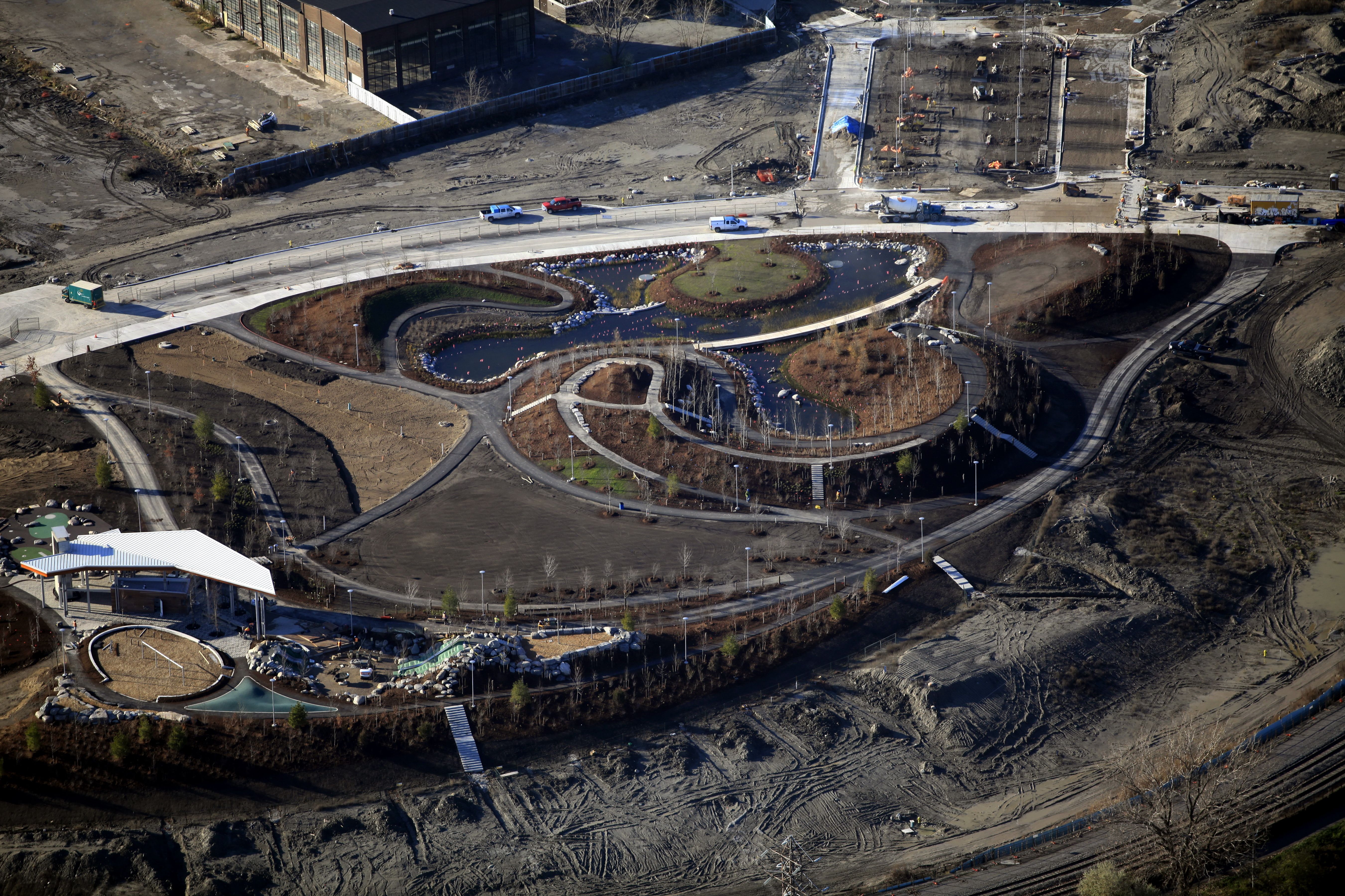 Aerial view of Corktown Common showing topography as it begins to naturalize