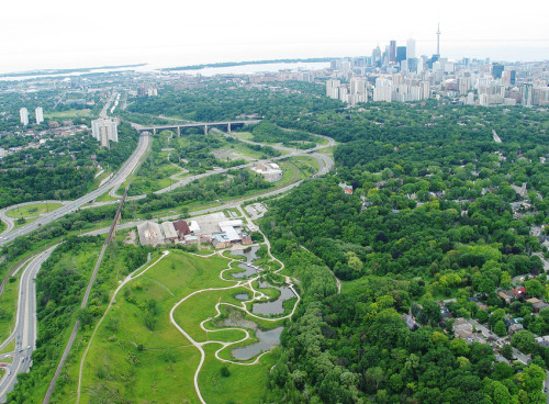Aerial photo above Pottery Road and Evergreen Brickworks