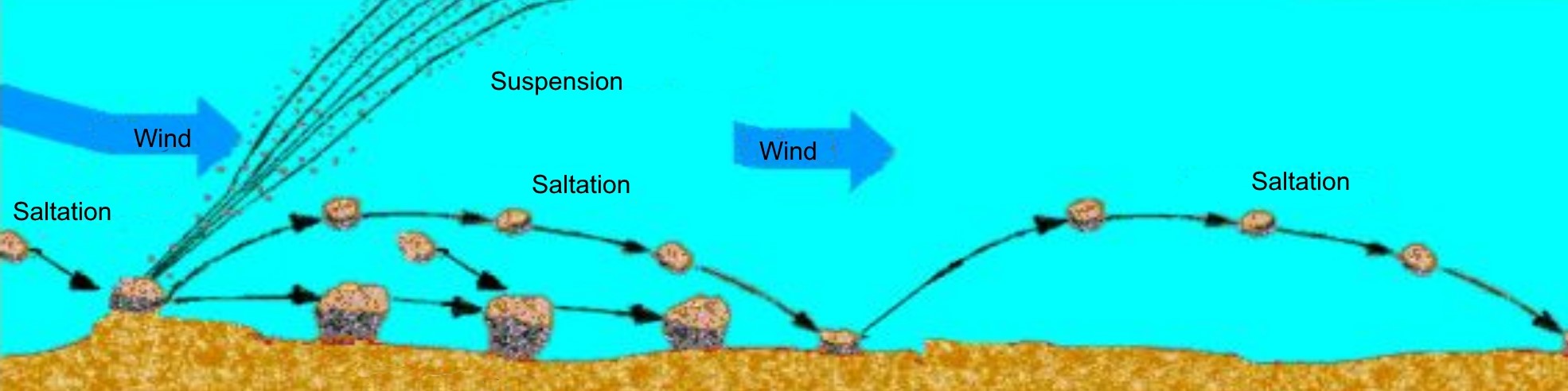This diagram shows a close-up view of different wind erosion processes including saltation and suspension.