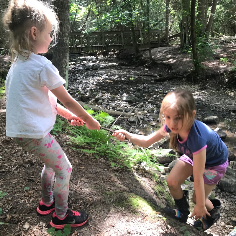 campers play in woods at Lake St George summer nature camp