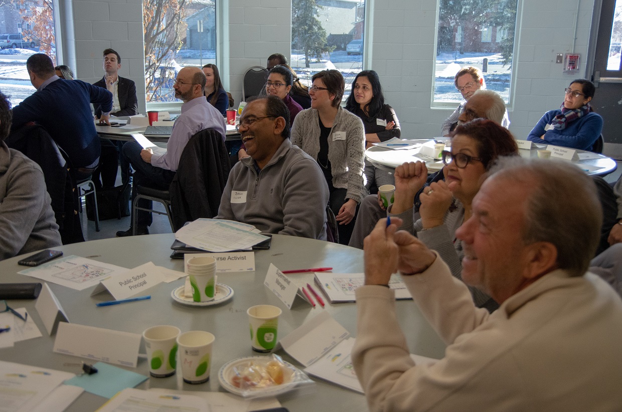 Climate Ready County Court event participants laughing around circular tables