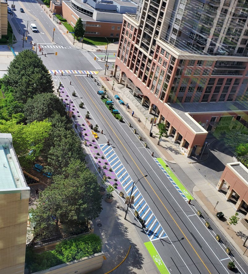 aerial image of road diet measures implemented near Living Arts Centre in City of Mississauga
