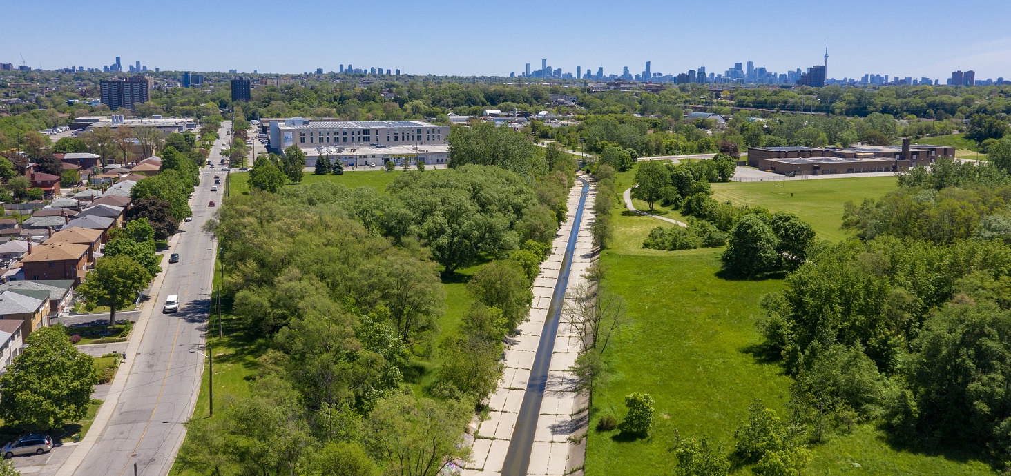 aerial view of Rockcliffe-Smythe area with Black Creek Flood Control Channel in foreground