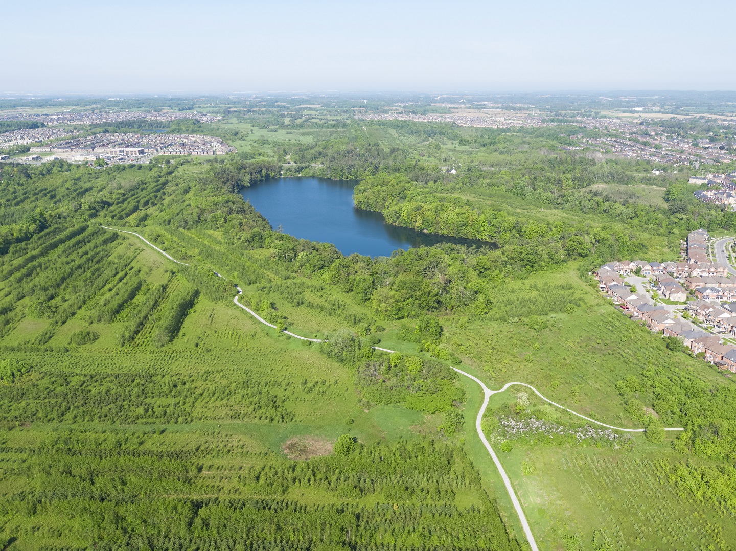 aerial view of bond lake and nearby trails